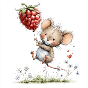 May include: A whimsical illustration of a cute mouse holding a large red raspberry, appearing as a balloon. The mouse has brown fur, pink cheeks, and is surrounded by flowers and hearts on a white background. The raspberry has green leaves.