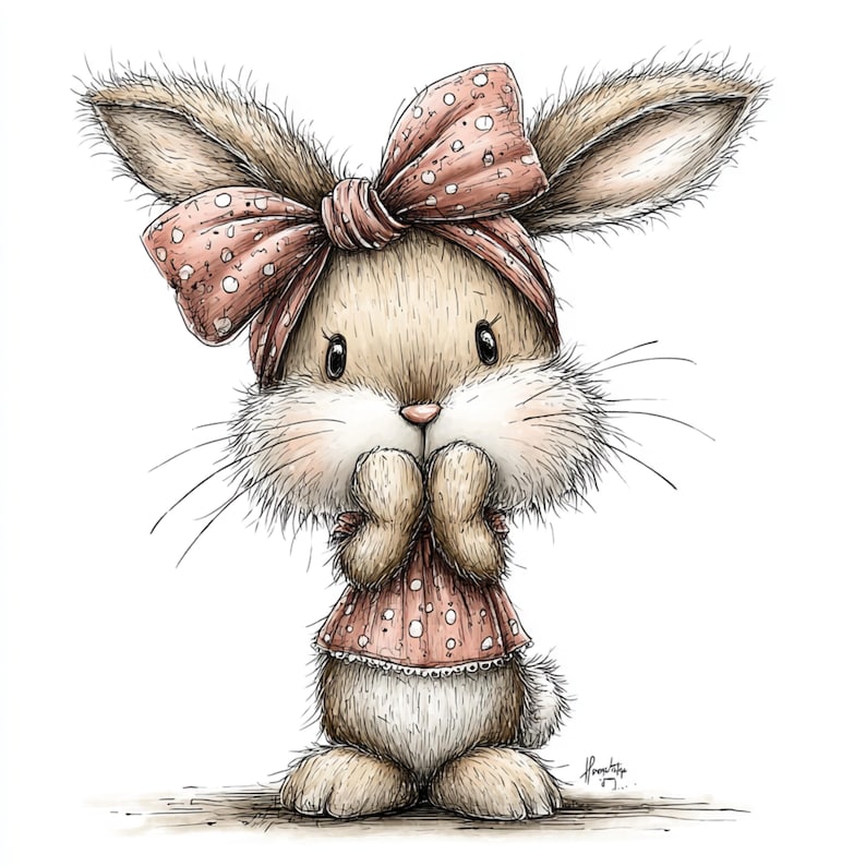 May include: A charming illustration of a bunny with a pink polka-dot bow and dress. The bunny's paws are clasped near its face, and it has long whiskers. The artwork is detailed with soft shading and a whimsical style, perfect for children's decor.