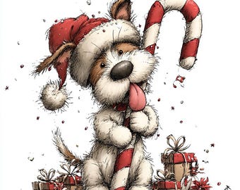 Könnte beinhalten: Eine Illustration eines Hundes mit Weihnachtsmütze und Zuckerstange. Der Hund hat braunes und weißes Fell, eine rosa Zunge und ist von Geschenken mit roten Schleifen umgeben. Festliches und charmantes Bild.