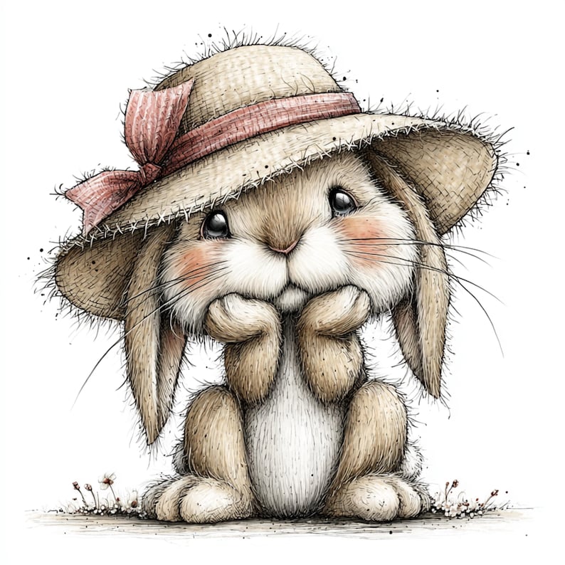 May include: A watercolor illustration of a cute bunny wearing a straw hat with a pink ribbon. The bunny has rosy cheeks and is holding its paws under its chin. The image has a soft, whimsical feel, perfect for Easter or children's decor.