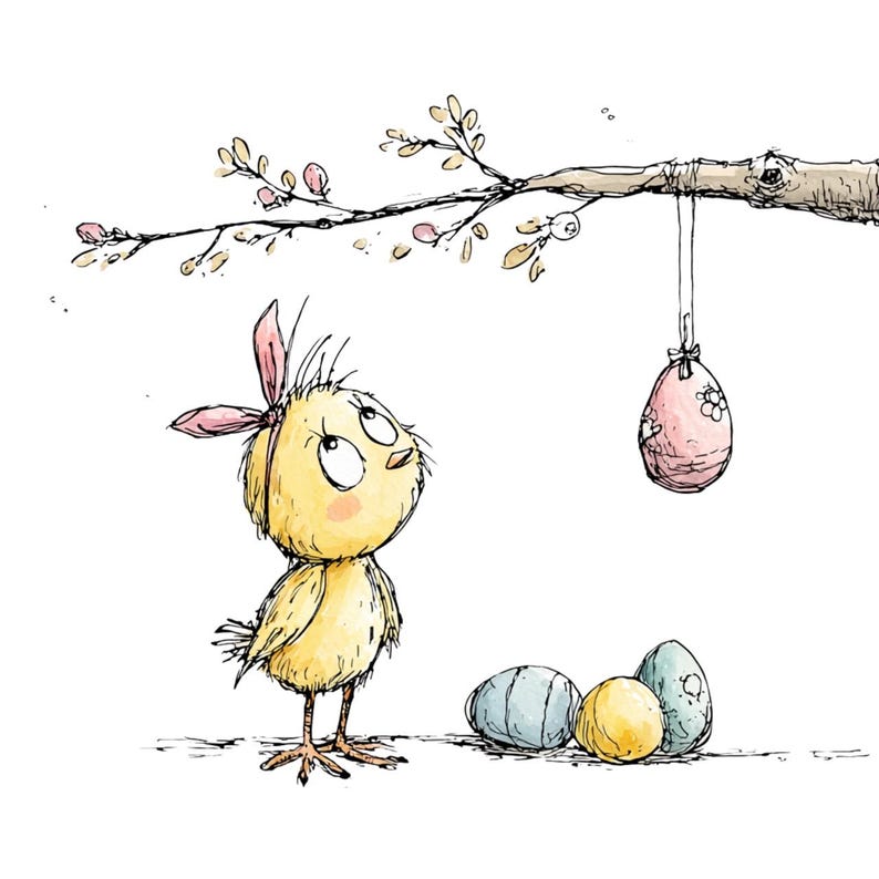 May include: A whimsical illustration of a yellow chick with a pink bow, gazing upwards at a pink Easter egg hanging from a tree branch. Three colorful Easter eggs are on the ground. The artwork has a hand-drawn style with watercolor accents.