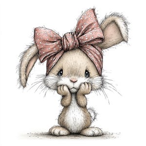 May include: A charming illustration of a bunny with a pink polka-dot bow. The bunny has soft, light brown fur, blue eyes, and is resting its chin on its paws. The artwork is detailed with delicate lines and shading, creating a sweet and gentle aesthetic.