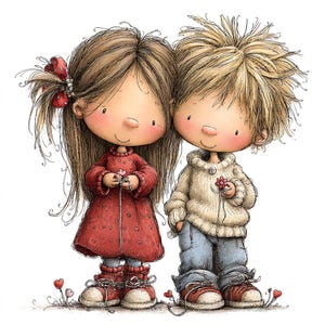 May include: A charming illustration of two cartoon children standing close together. The girl wears a red dress with heart patterns and a red bow. The boy wears a cream-colored sweater and blue jeans. Both hold flowers and are surrounded by small hearts.