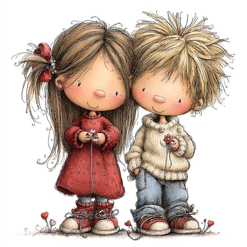 May include: A charming illustration of two cartoon children standing close together. The girl wears a red dress with heart patterns and a red bow. The boy wears a cream-colored sweater and blue jeans. Both hold flowers and are surrounded by small hearts.