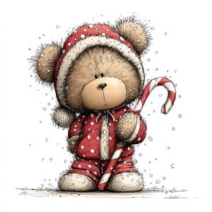 K&ouml;nnte beinhalten: Niedliches Cartoon-Teddyb&auml;r in einem rot-wei&szlig; gepunkteten Outfit und Hut, der eine Zuckerstange h&auml;lt. Der B&auml;r steht im Schnee, mit fallenden Schneeflocken. Die Illustration hat eine skurrile, festliche Atmosph&auml;re, perfekt f&uuml;r Weihnachten.