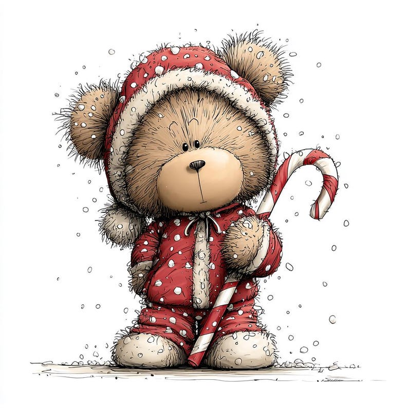 K&ouml;nnte beinhalten: Niedliches Cartoon-Teddyb&auml;r in einem rot-wei&szlig; gepunkteten Outfit und Hut, der eine Zuckerstange h&auml;lt. Der B&auml;r steht im Schnee, mit fallenden Schneeflocken. Die Illustration hat eine skurrile, festliche Atmosph&auml;re, perfekt f&uuml;r Weihnachten.