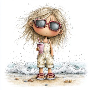 Op de afbeelding: Illustratie van een stripmeisje op het strand, met een zonnebril met rode rand en een jumpsuit met bloemenprint. Ze houdt een roze drankje met een rietje vast. Het meisje staat op het zand met de oceaangolven op de achtergrond.