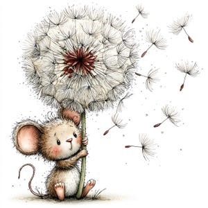 Puede incluir: Una ilustración caprichosa de un ratón pequeño sosteniendo un gran diente de león. El diente de león es blanco con un centro marrón rojizo, y varias semillas flotan. El ratón tiene pelaje marrón, orejas rosadas y una expresión dulce.