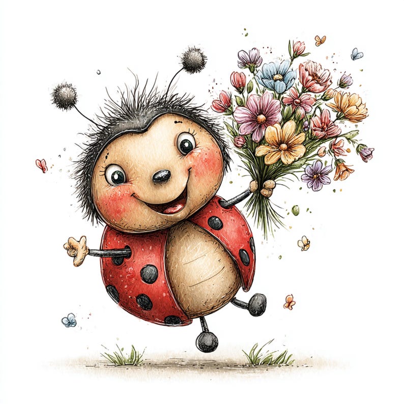 Peut inclure: Une coccinelle de dessin anim&eacute; souriante, avec une carapace rouge &agrave; pois noirs, tenant un bouquet de fleurs color&eacute;es. Des papillons et des brins d'herbe entourent la coccinelle.