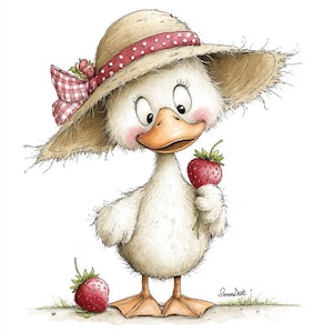 May include: A charming cartoon duck wearing a straw hat with a red polka dot ribbon and a gingham bow. The duck holds a ripe strawberry and another strawberry rests on the ground. The illustration has a whimsical, storybook style.