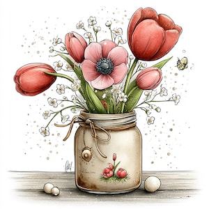 Peut inclure: Illustration &agrave; l'aquarelle d'un bouquet de fleurs dans un bocal en verre. Le bouquet comprend des tulipes rouges, une an&eacute;mone rose et de petites fleurs blanches. Le bocal est nou&eacute; avec de la ficelle et pos&eacute; sur une surface en bois avec deux petits &oelig;ufs.