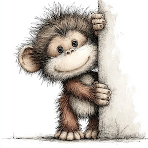 May include: A whimsical illustration of a cartoon monkey with brown and tan fur, peeking around a light-colored surface. The monkey has a friendly expression, with a wide smile and large, dark eyes. The artwork has a soft, textured appearance.