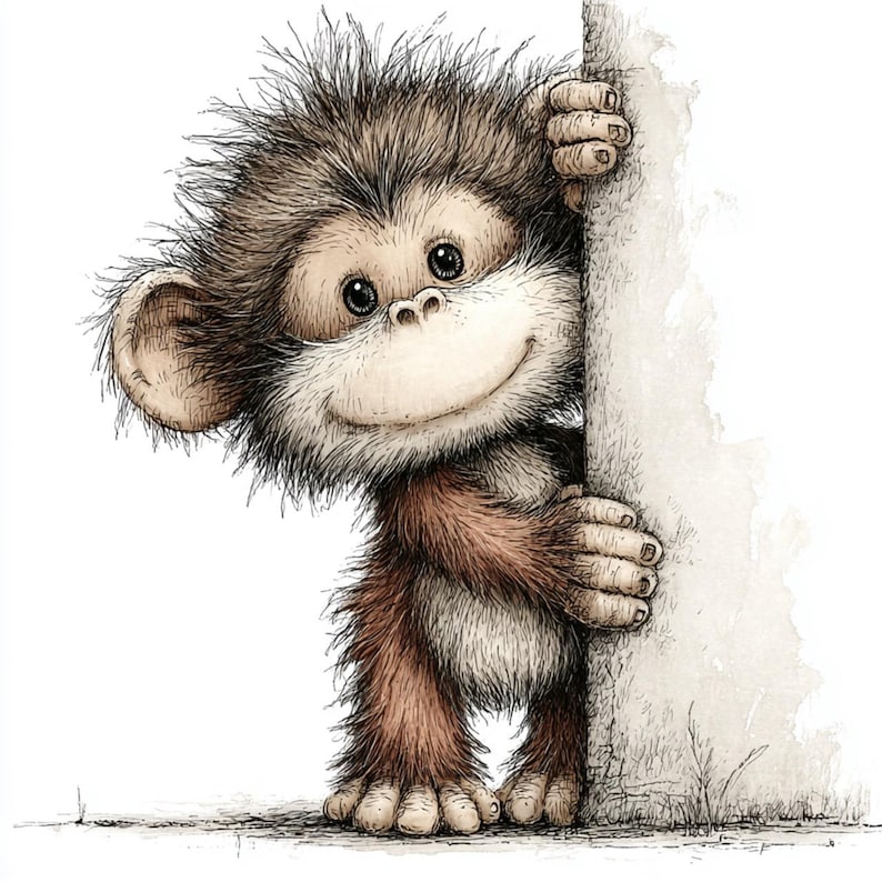 May include: A whimsical illustration of a cartoon monkey with brown and tan fur, peeking around a light-colored surface. The monkey has a friendly expression, with a wide smile and large, dark eyes. The artwork has a soft, textured appearance.