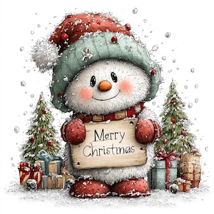 May include: A fluffy white snowman wearing a red and green knit hat and red mittens, holding a wooden sign that reads Merry Christmas. The snowman is surrounded by small decorated pine trees and wrapped gift boxes in a snowy winter scene.