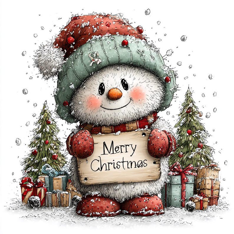 May include: A fluffy white snowman wearing a red and green knit hat and red mittens, holding a wooden sign that reads Merry Christmas. The snowman is surrounded by small decorated pine trees and wrapped gift boxes in a snowy winter scene.