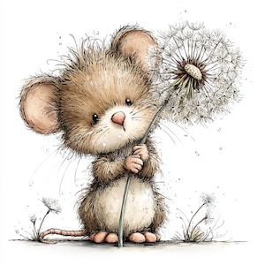 May include: A charming watercolour illustration of a mouse with brown fur, holding a dandelion. The dandelion head is white and fluffy, with a long green stem. The mouse has large ears and a pink nose. The background is white.