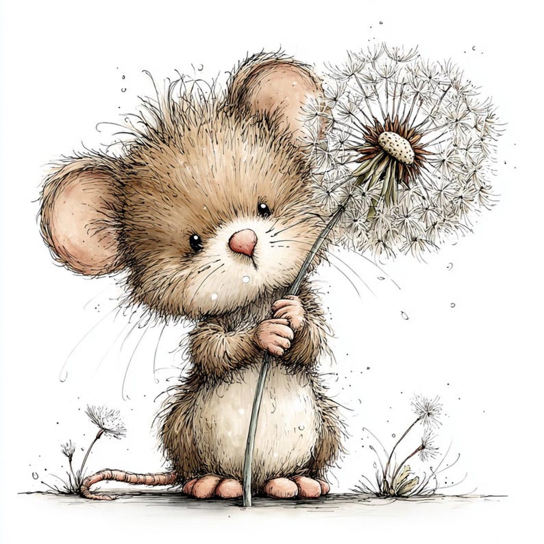 May include: A charming watercolour illustration of a mouse with brown fur, holding a dandelion. The dandelion head is white and fluffy, with a long green stem. The mouse has large ears and a pink nose. The background is white.