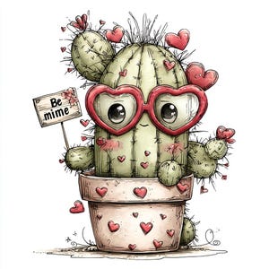 Whimsical Cactus Valentine Clipart – Cute Love Cactus Art JPG – Hearts ...