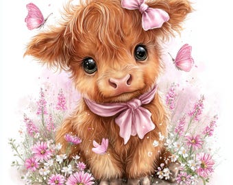 30 JPG  Baby Girl Highland Cow Clipart, Pink Floral Bow, Sublimation Design, Cute Highland Cow, Cow With Flowers, Digital Download