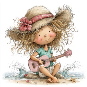 Op de afbeelding: Illustratie van een meisje met blond krullend haar dat een strohoed draagt met een roze bloem en een roze lint. Ze speelt ukulele op een rots op het strand. Het meisje draagt een turquoise top en een witte korte broek.