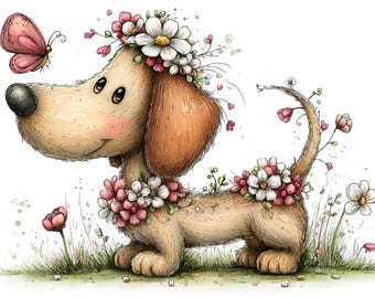 Whimsical Spring Dachshund Clipart – Floral Watercolor Sausage Dog PNGs for Spring