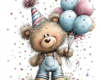 40 JPG Whimsical Woodland Birthday Clipart Blue – Cute Forest Animals with Party Hat Balloons JPG