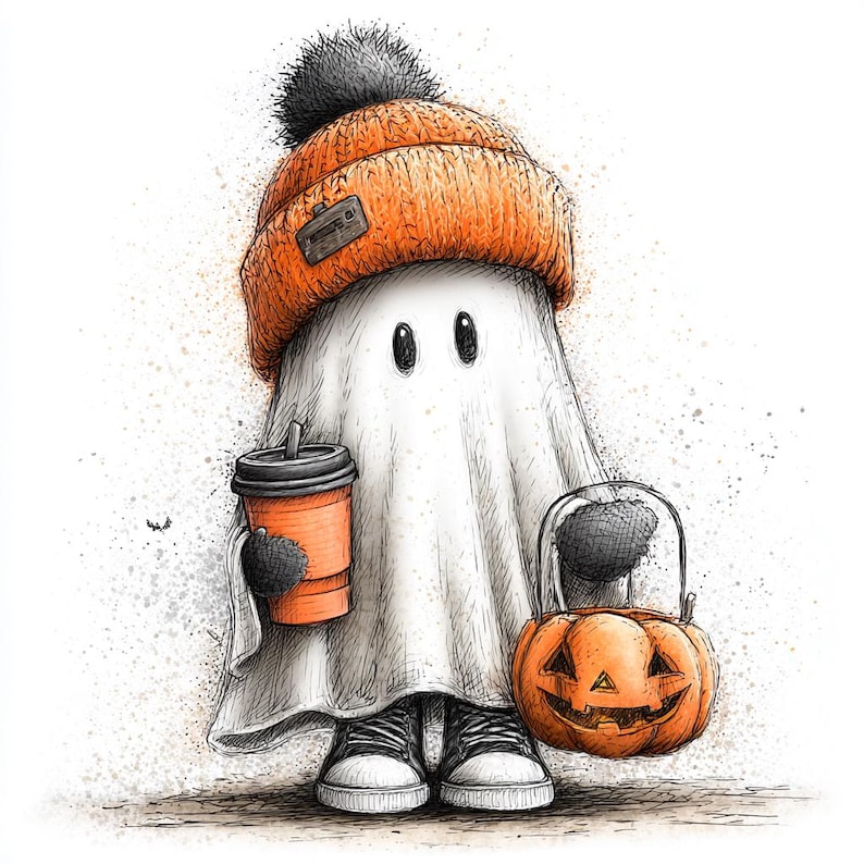 May include: A whimsical illustration of a ghost character in a white sheet, wearing an orange knit cap with a black pom-pom. The ghost holds an orange coffee cup and a jack-o'-lantern bucket, wearing black and white sneakers. Halloween themed.