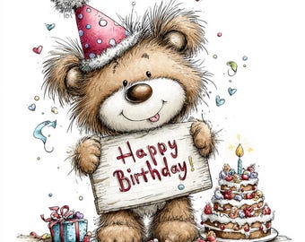 42 JPG Whimsical Woodland Birthday Clipart Pink – Cute Forest Animals with Balloons and Gifts JPG