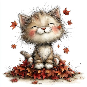 Op de afbeelding: Een aquarel illustratie van een lachende kat met bruin en wit haar, roze wangen en gesloten ogen. De kat zit in een stapel rode en oranje herfstbladeren, met meer bladeren eromheen. De afbeelding heeft een warme, uitnodigende uitstraling.