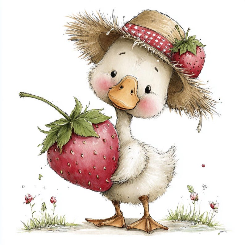 May include: A charming illustration of a white duckling holding a large red strawberry. The duckling wears a straw hat with a red and white checkered band and a strawberry on top. The duckling has rosy cheeks and is standing in a grassy area.