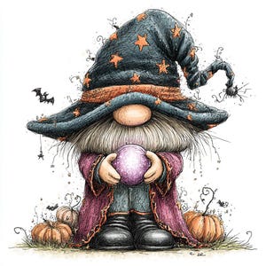 May include: A gnome illustration wearing a dark blue wizard hat with orange stars and a purple robe, holding a glowing purple crystal ball. The gnome has a long beard and is surrounded by small orange pumpkins, a bat, and a spider.
