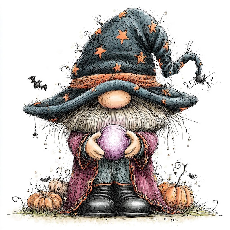 May include: A gnome illustration wearing a dark blue wizard hat with orange stars and a purple robe, holding a glowing purple crystal ball. The gnome has a long beard and is surrounded by small orange pumpkins, a bat, and a spider.