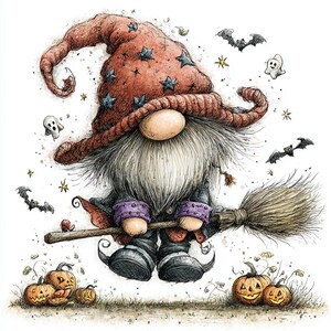 May include: A whimsical gnome illustration featuring a large, textured red hat adorned with blue stars, a long gray beard, and purple cuffs. The gnome holds a wooden broomstick, surrounded by small flying bats, ghosts, and carved jack-o'-lanterns.