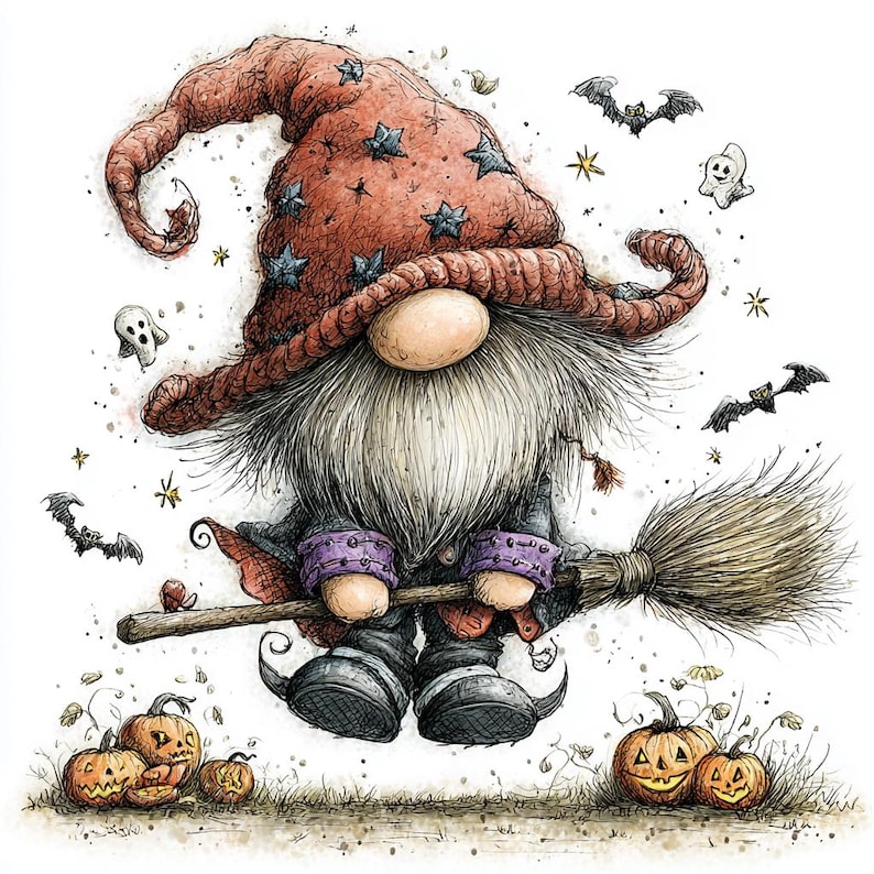 May include: A whimsical gnome illustration featuring a large, textured red hat adorned with blue stars, a long gray beard, and purple cuffs. The gnome holds a wooden broomstick, surrounded by small flying bats, ghosts, and carved jack-o'-lanterns.