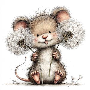 May include: A cute illustration of a mouse with brown and tan fur, pink cheeks, and a pink nose, holding two dandelion seed heads. The mouse is sitting down with its tongue sticking out. The dandelions are white.