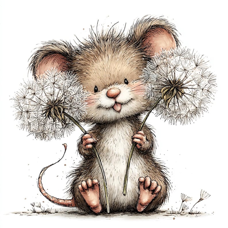 May include: A cute illustration of a mouse with brown and tan fur, pink cheeks, and a pink nose, holding two dandelion seed heads. The mouse is sitting down with its tongue sticking out. The dandelions are white.