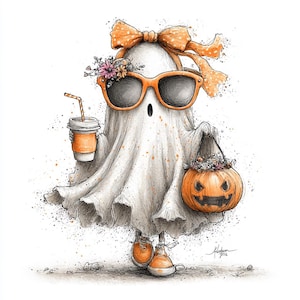 Pode incluir: Ilustração fantasiosa de um fantasma usando óculos de sol laranja, um laço e tênis. O fantasma está segurando uma sacola em forma de abóbora e uma xícara de café com canudo. O fantasma é decorado com flores e está pronto para o Halloween.