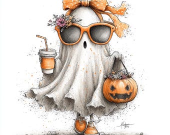 May include: A whimsical illustration of a ghost wearing orange sunglasses, a bow, and sneakers. The ghost is holding a pumpkin-shaped bag and a coffee cup with a straw. The ghost is decorated with flowers and is ready for Halloween.