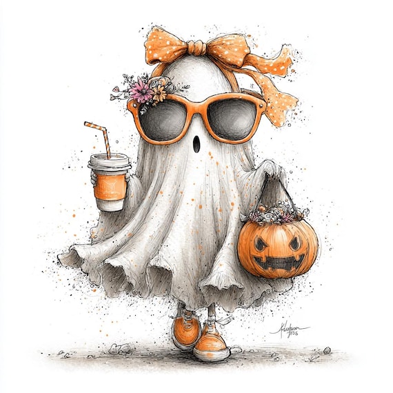 50 JPG Whimsical Quirky Halloween Ghost Clipart, Cute Orange Spooky Ghost Art, Commercial Use JPG