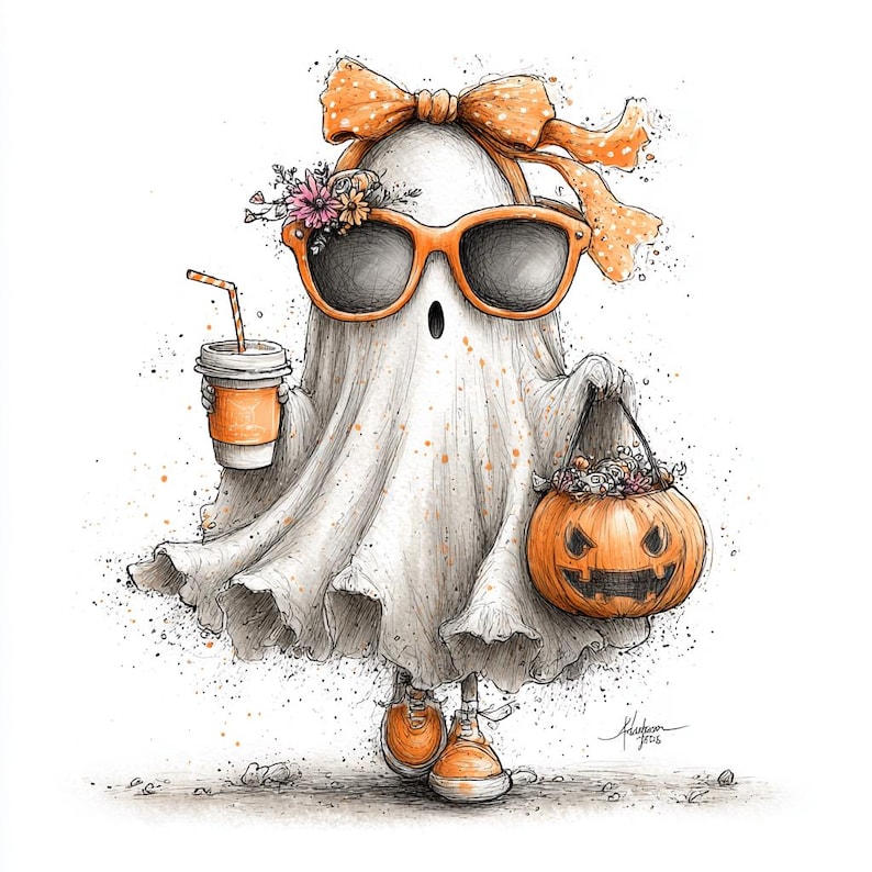 May include: A whimsical illustration of a ghost wearing orange sunglasses, a bow, and sneakers. The ghost is holding a pumpkin-shaped bag and a coffee cup with a straw. The ghost is decorated with flowers and is ready for Halloween.