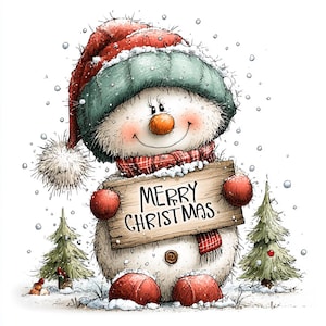 May include: A fluffy white snowman wearing a red and green knit hat with a pom-pom and a red plaid scarf. The snowman holds a wooden sign that reads MERRY CHRISTMAS in black lettering, flanked by two small green pine trees in the snow.
