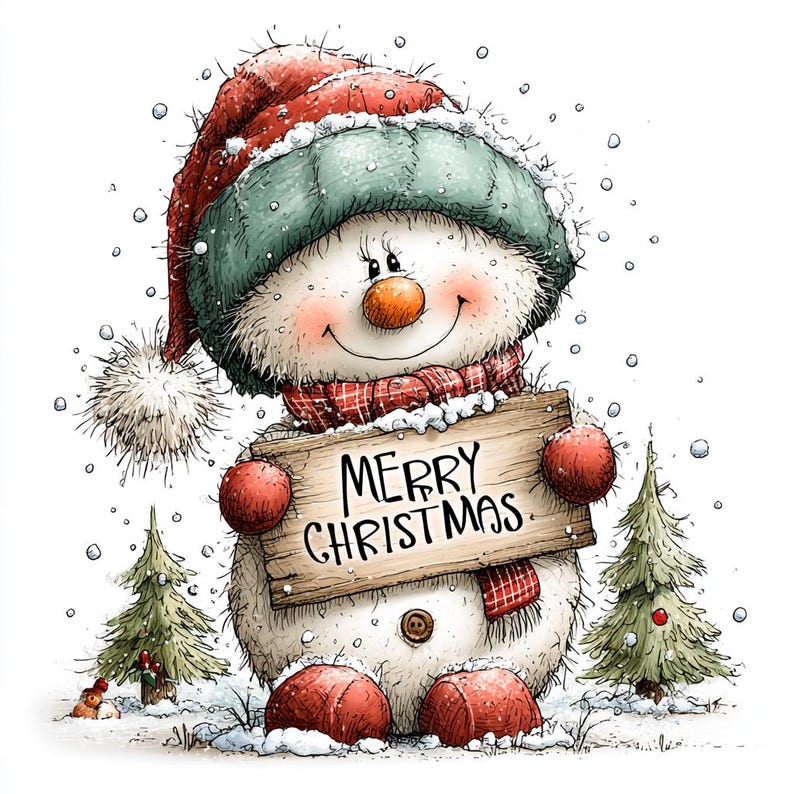 May include: A fluffy white snowman wearing a red and green knit hat with a pom-pom and a red plaid scarf. The snowman holds a wooden sign that reads MERRY CHRISTMAS in black lettering, flanked by two small green pine trees in the snow.