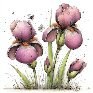 Puede incluir: Ilustraci&oacute;n en acuarela de flores de iris moradas con tallos y hojas verdes. Las flores tienen una apariencia texturizada con acentos naranjas. Tambi&eacute;n hay peque&ntilde;os insectos y una sola flor blanca.