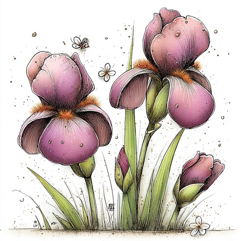Puede incluir: Ilustraci&oacute;n en acuarela de flores de iris moradas con tallos y hojas verdes. Las flores tienen una apariencia texturizada con acentos naranjas. Tambi&eacute;n hay peque&ntilde;os insectos y una sola flor blanca.