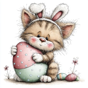 May include: A cute cartoon kitten wearing bunny ears, holding a large Easter egg. The egg is divided into pink and green sections with white polka dots. Additional decorated eggs and flowers are in the background.