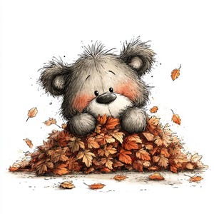 Op de afbeelding: Een schattige teddybeer in cartoonstijl komt tevoorschijn uit een stapel herfstbladeren. De beer heeft grijze vacht, roze wangen en een zwarte neus. De bladeren zijn in verschillende tinten oranje en bruin.