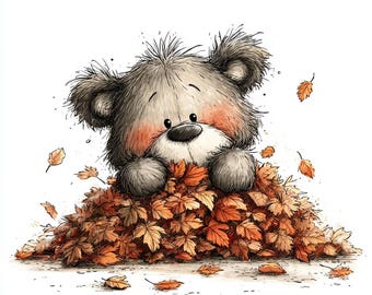 May include: A cute, cartoon-style teddy bear peeks out from a pile of autumn leaves. The bear has gray fur, rosy cheeks, and a black nose. The leaves are various shades of orange and brown, with some falling around the bear.