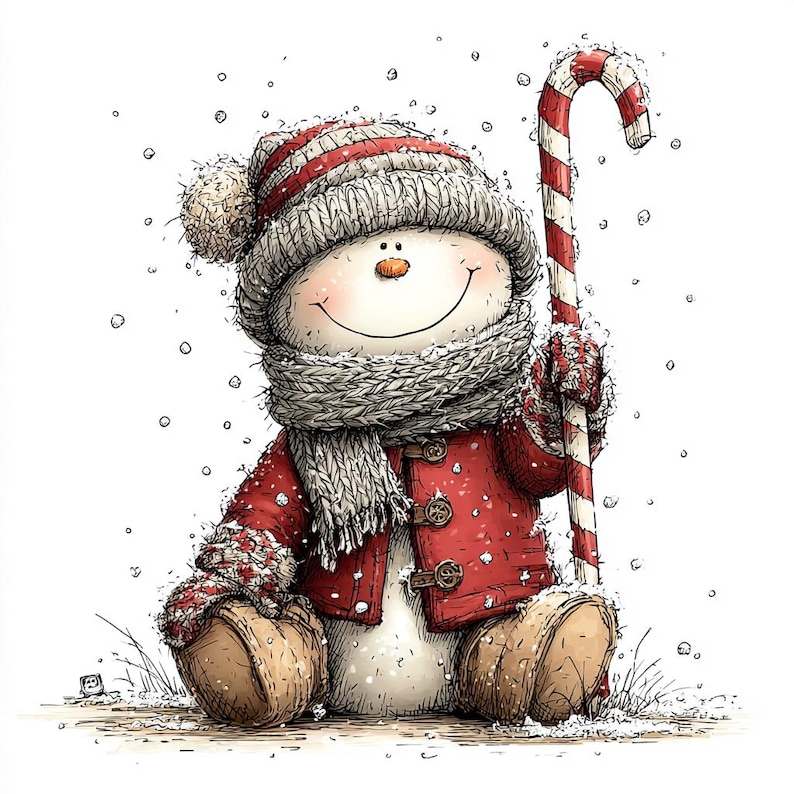 Puede incluir: Ilustraci&oacute;n de un mu&ntilde;eco de nieve sonriente, con abrigo rojo, gorro a rayas y bufanda, sosteniendo un bast&oacute;n de caramelo rojo y blanco. El mu&ntilde;eco de nieve tiene nariz de zanahoria y ojos de bot&oacute;n. Caen copos de nieve.