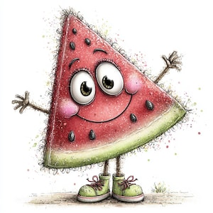 May include: A cartoon watermelon slice with a cheerful expression, arms, legs, and shoes. The watermelon is red with black seeds and a green rind. It has large eyes, rosy cheeks, and is wearing green shoes with red laces.