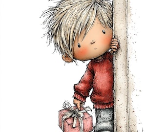 Può includere: Illustrazione di un cartone animato di un bambino con i capelli biondi, che indossa un maglione rosso e jeans blu, che sbircia dietro un muro. Il bambino tiene in mano una scatola regalo rosa legata con un nastro bianco. L'immagine ha uno stile disegnato a mano con effetti acquerello.